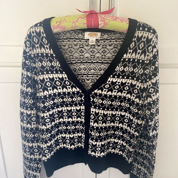 Talbots Cardigan Sweater Medium Petites Black Ivory Lams Wool Cashmere Women’s - Picture 1 of 9